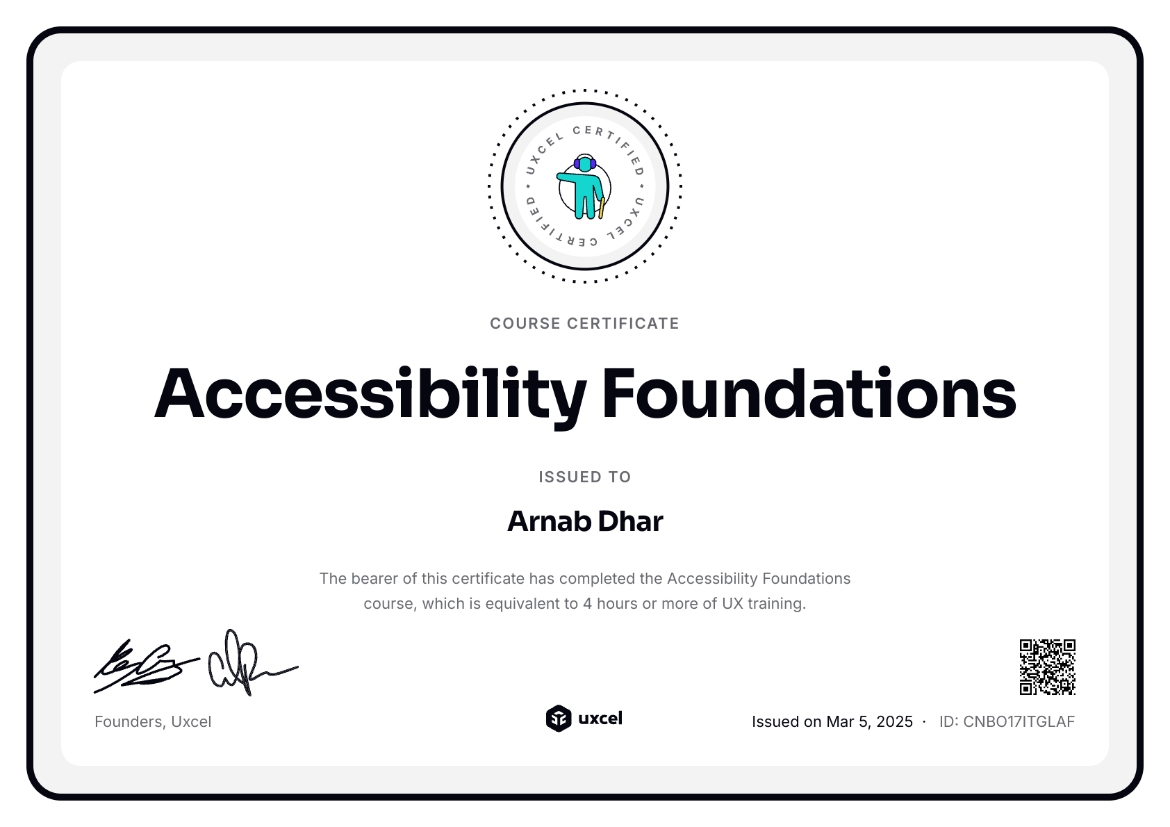 Arnab Dhar's certificate